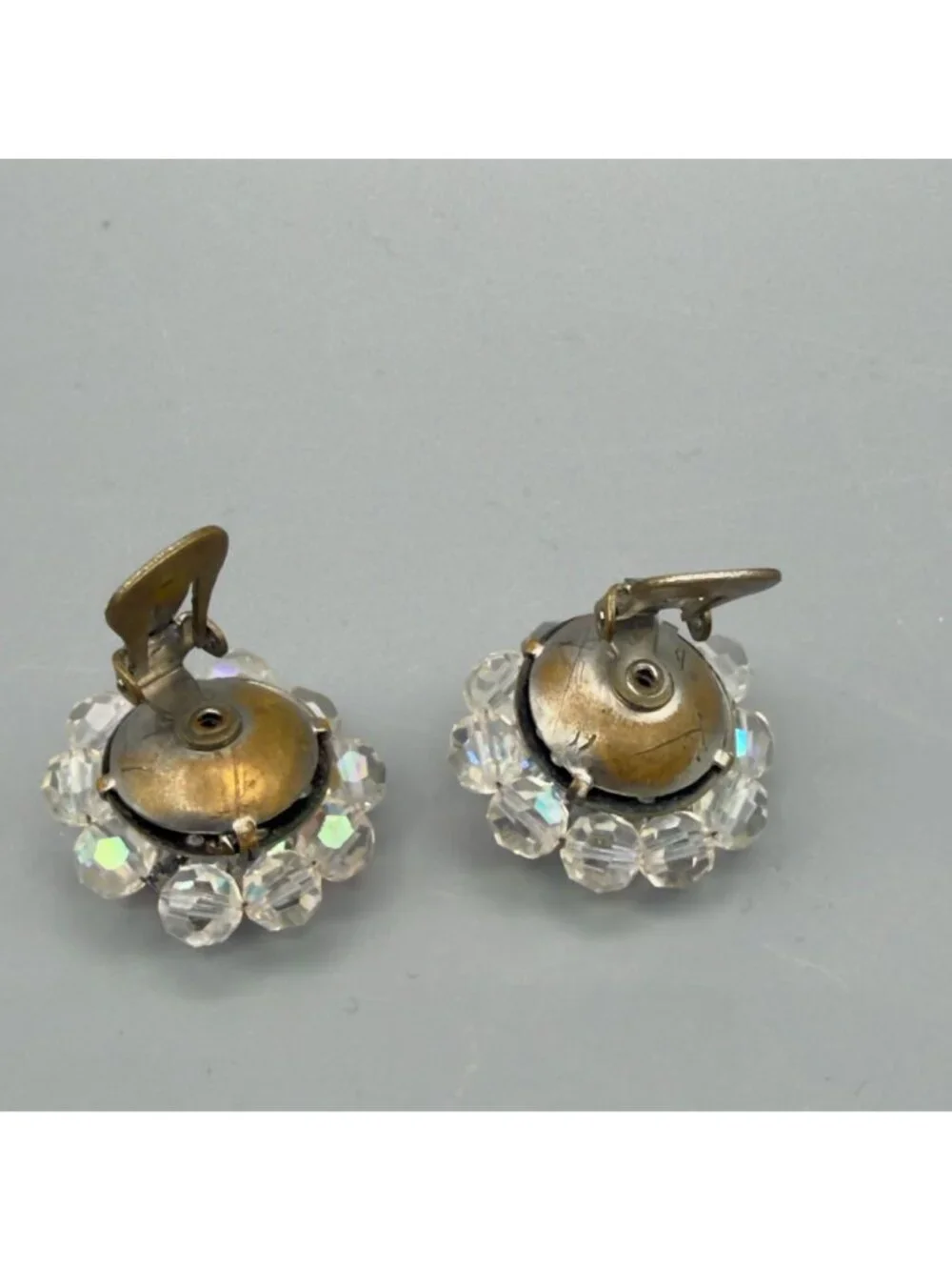 Vintage Aurora Borealis Crystal Bead Cluster Flower Clip-On Earrings